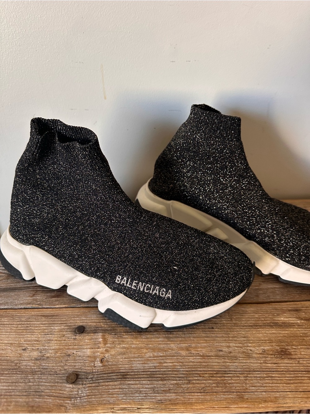 Balenciaga Black Glitter Speed Glitter Sock Sneakers with White Sole size 6